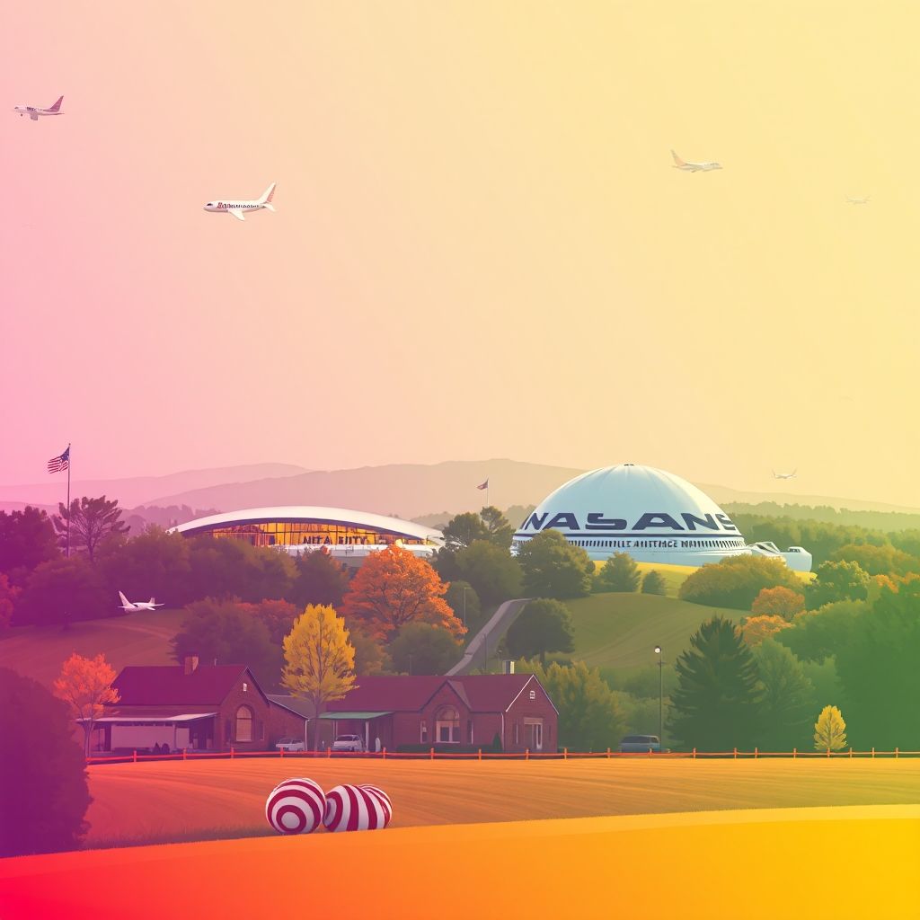 Ultra-high-definition gradient illustration of Township of American, Allen County, Ohio, featuring the Neil Armstrong Air and Space Museum, countryside, and buckeye candy.