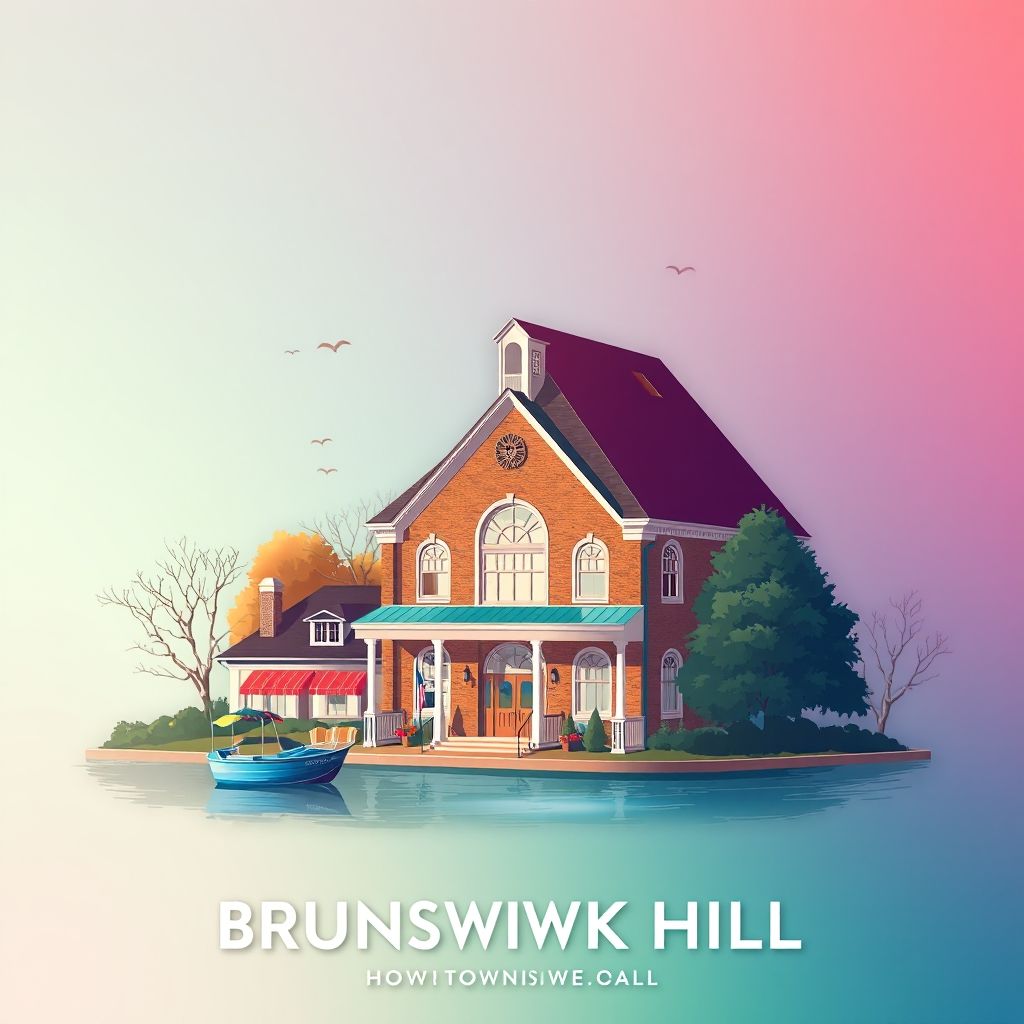 Ultra-high-definition gradient illustration of Township of Brunswick Hills, featuring Brunswick Lake, Brunswick Town Hall, and local barbecue specialty.