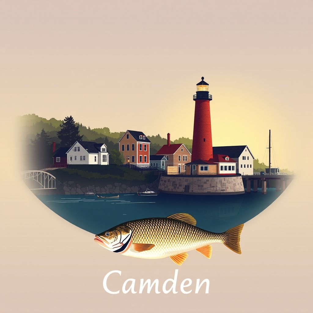 Ultra-high-definition gradient illustration of Township of Camden, featuring the Lorain Lighthouse, the Black River, and Lake Erie perch.