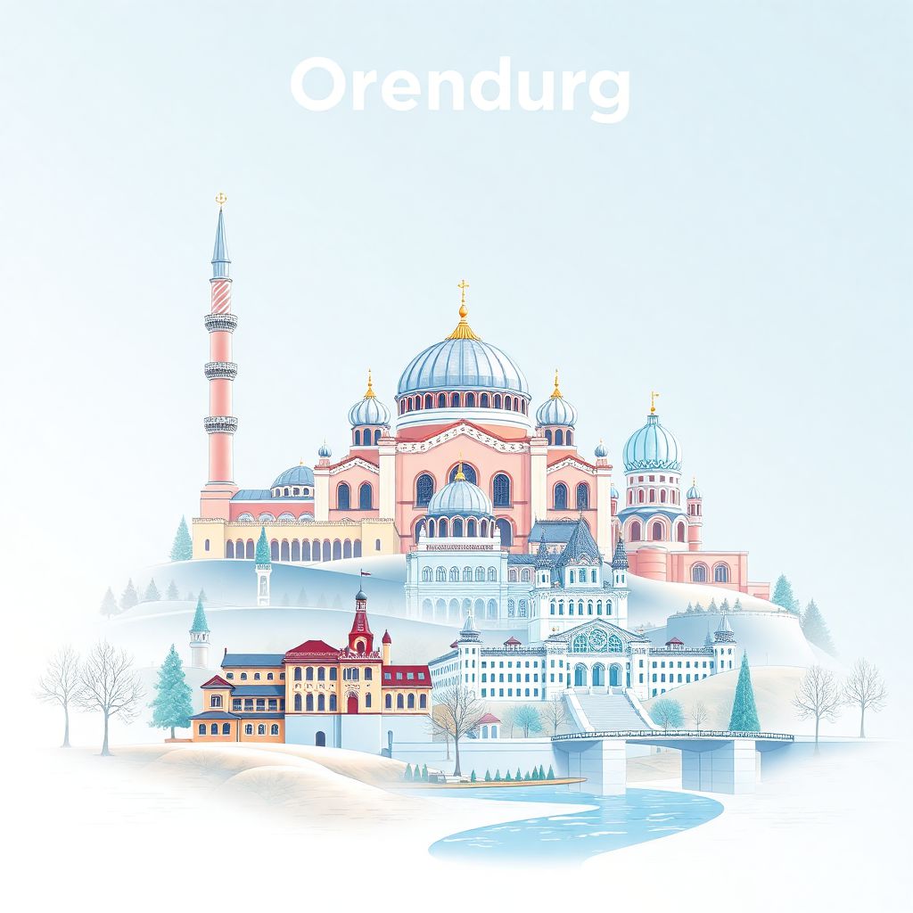 Ultra-high-definition gradient illustration style Orenburg Oblast illustration, showing the unique charm of the Orenburg Mosque, the Orenburg Local History Museum, and the Ural River.