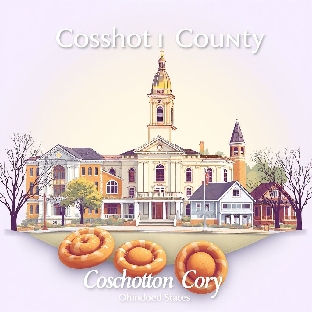 Ultra-high-definition gradient illustration of Coshocton County, Ohio, featuring the Coshocton County Courthouse, Historic Roscoe Village, and Buckeye candy.