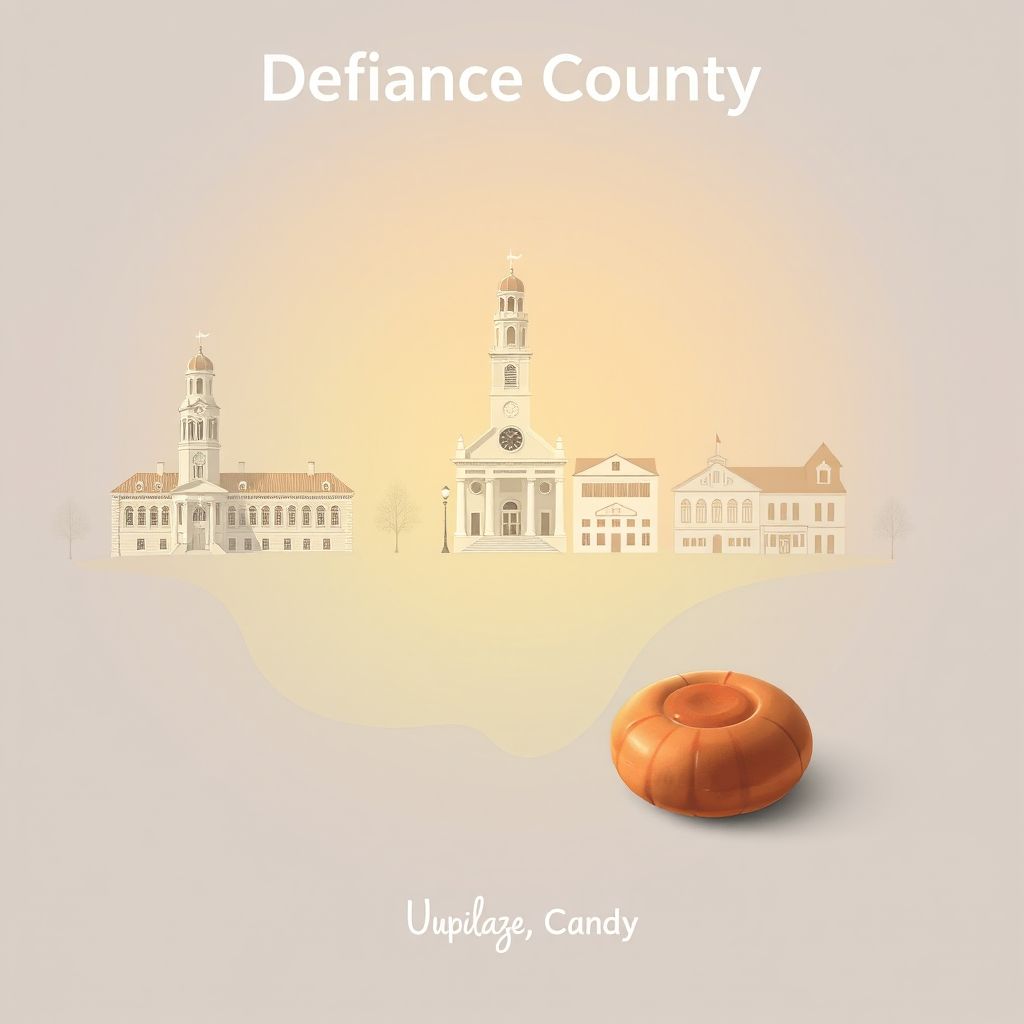 Ultra-high-definition gradient illustration of Defiance County, Ohio, featuring the Defiance County Courthouse, Auglaize Village, and buckeye candy.