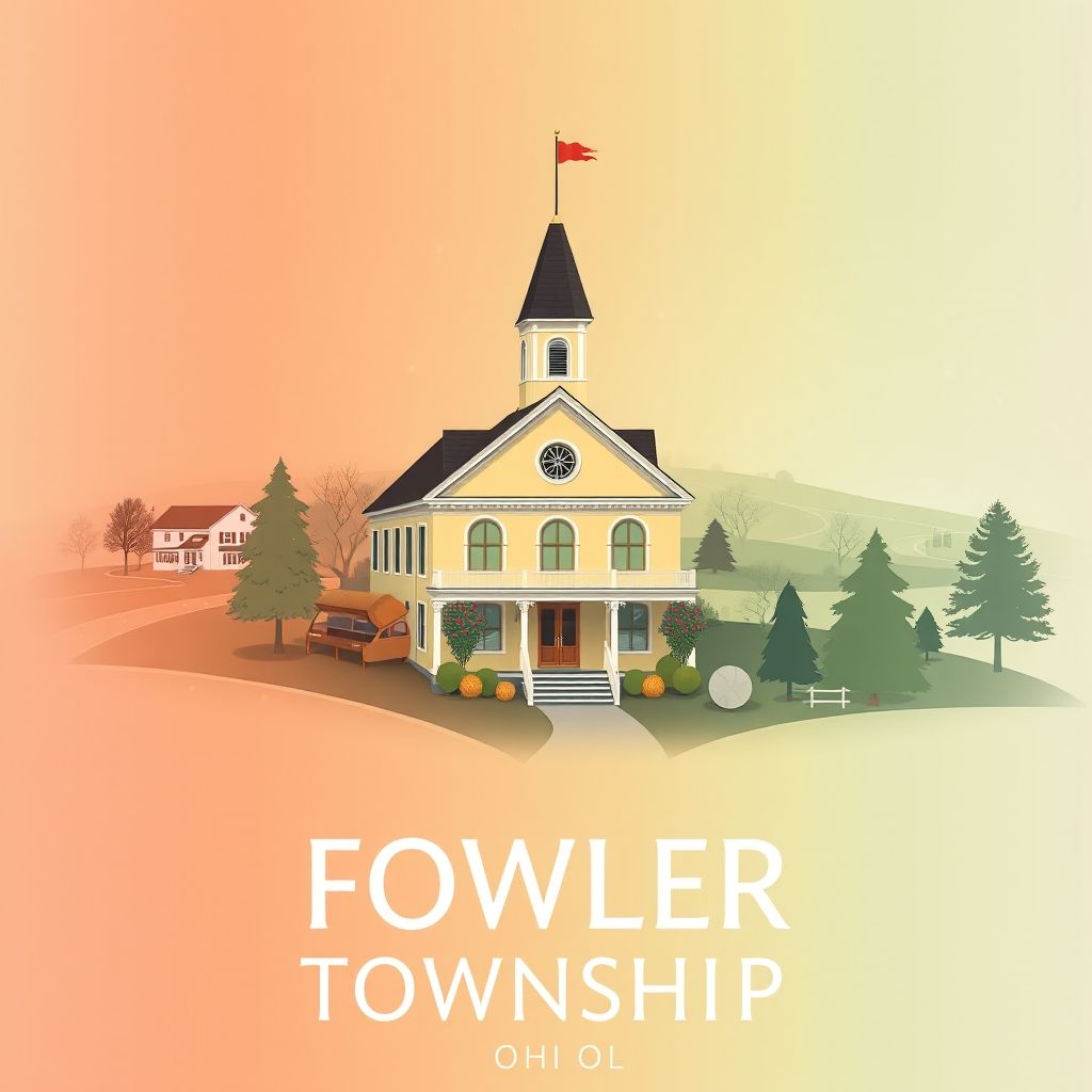 Ultra-high-definition gradient illustration of Fowler Township, featuring the historic Fowler Township Hall, picturesque countryside, and local cuisine.