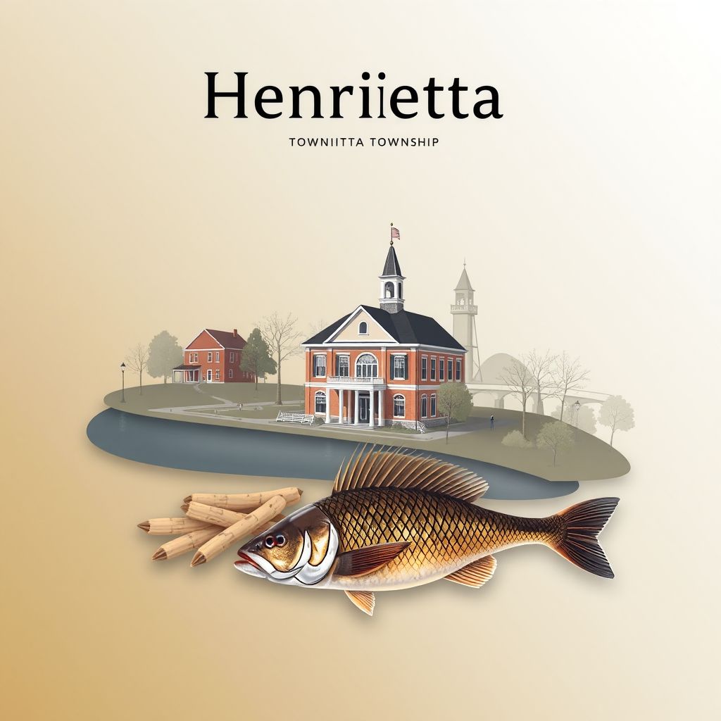 Ultra-high-definition gradient illustration of Township of Henrietta, featuring the Black River, Henrietta Township Hall, and Lake Erie perch.