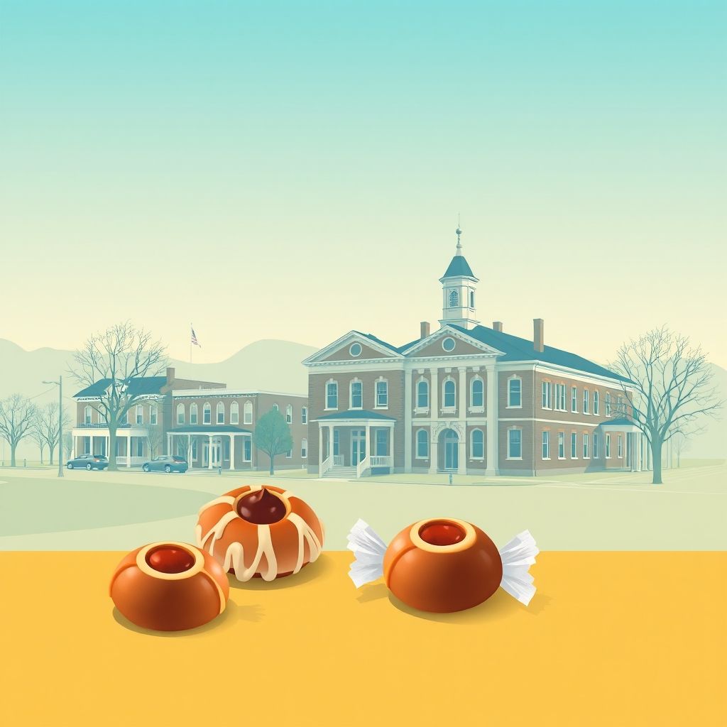 Ultra-high-definition gradient illustration of Township of Hicksville, featuring the Hicksville Historic District, Defiance County Courthouse, and buckeye candy.