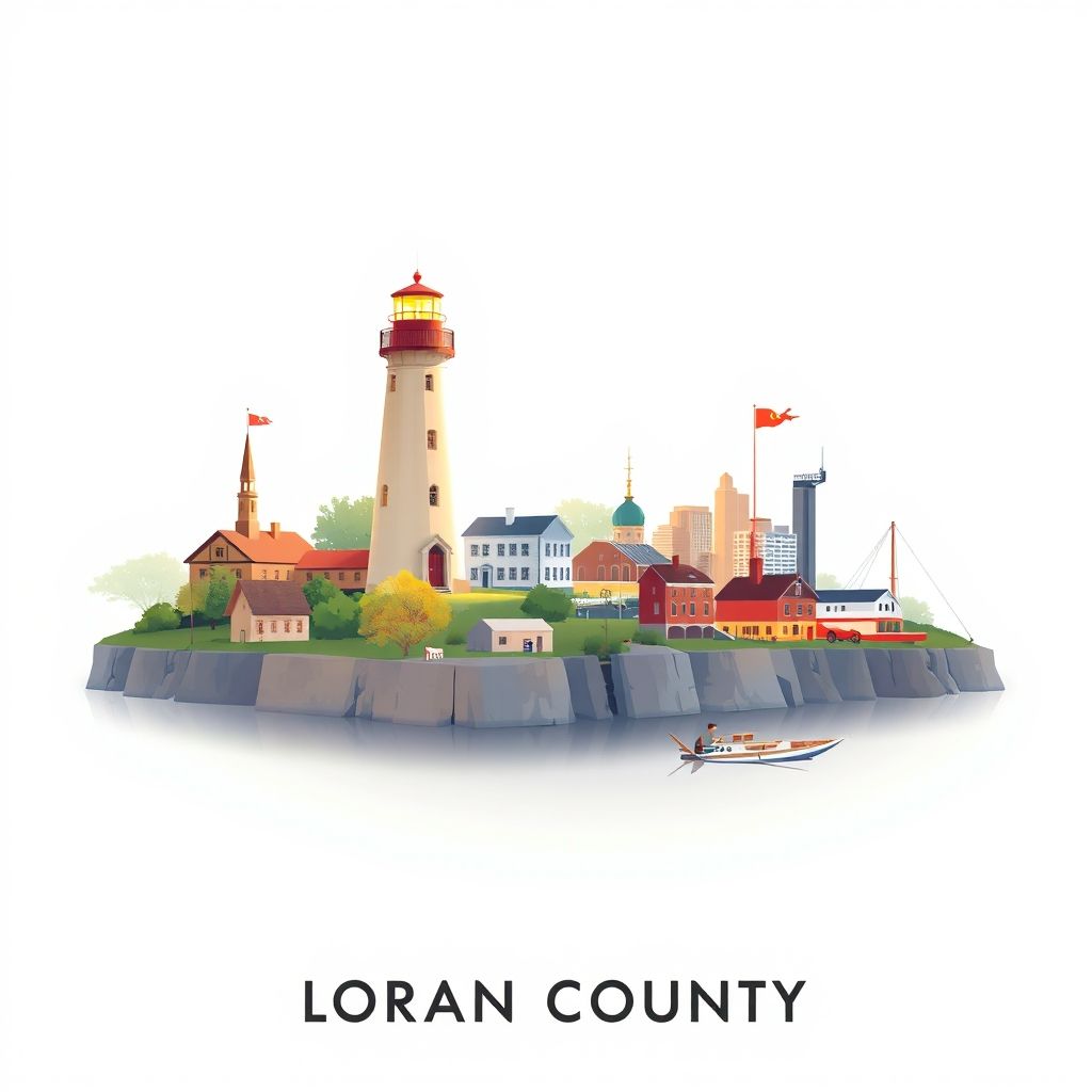 Ultra-high-definition gradient illustration of Lorain County, Ohio, featuring the Lorain Lighthouse, the Black River, and pierogies.