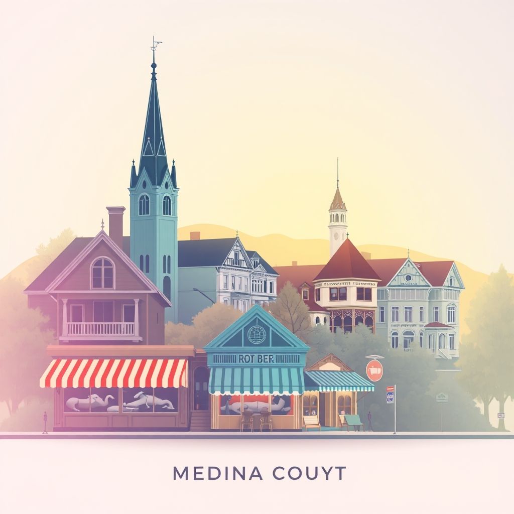 Ultra-high-definition gradient illustration of Medina County, Ohio, featuring the Medina Public Square, Victorian-style architecture, and root beer stands.