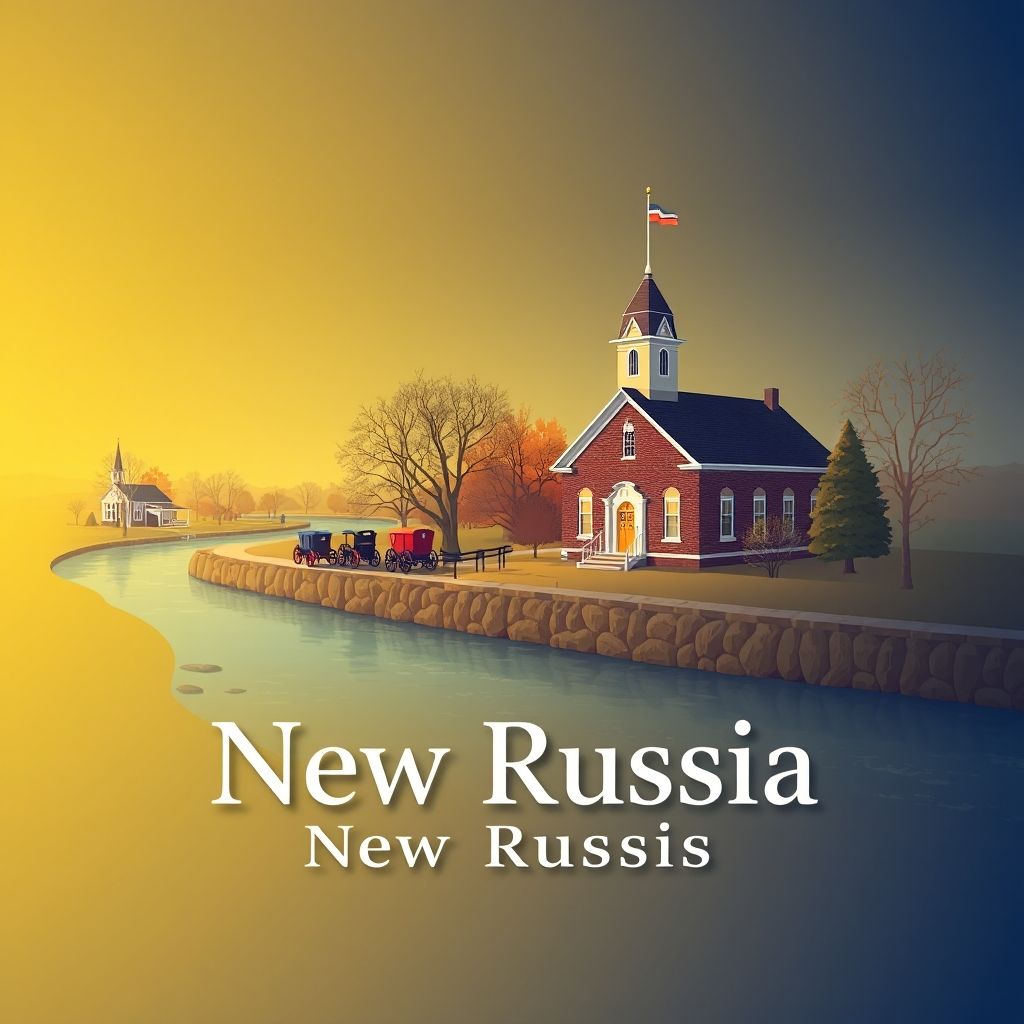 Ultra-high-definition gradient illustration of Township of New Russia, featuring the Black River, New Russia Township Hall, Amish buggies, maple syrup, and quilts.