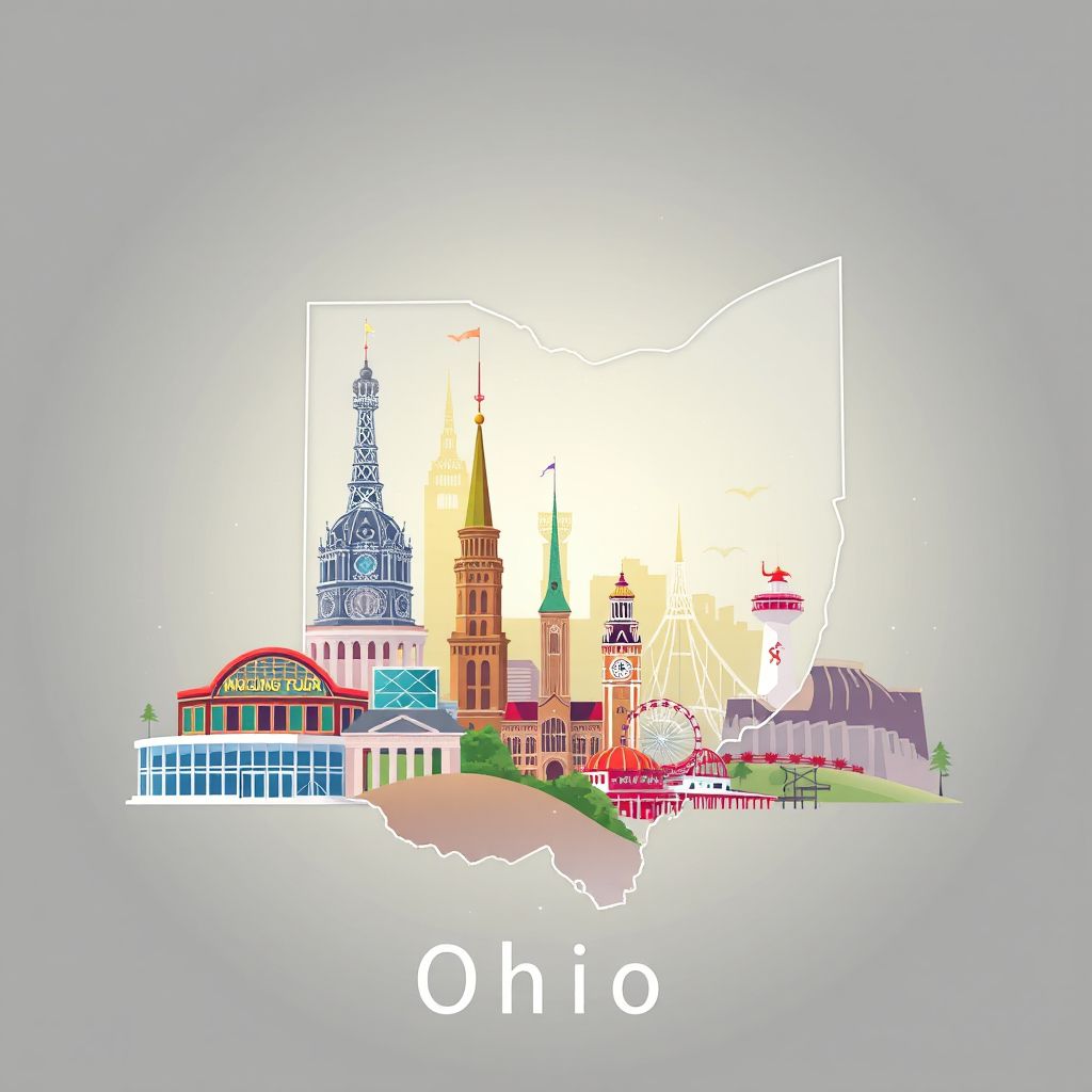Ultra-high-definition gradient illustration of Ohio, featuring the Rock and Roll Hall of Fame, Cedar Point Amusement Park, and Hocking Hills State Park.