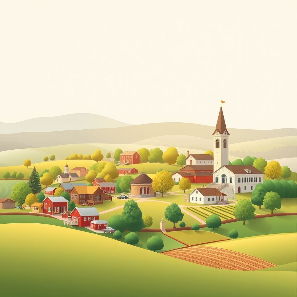 Ultra-high-definition gradient illustration of Township of Pike, Coshocton County, Ohio, featuring Historic Roscoe Village, Coshocton County Courthouse, rolling hills, farmlands, and apple butter.