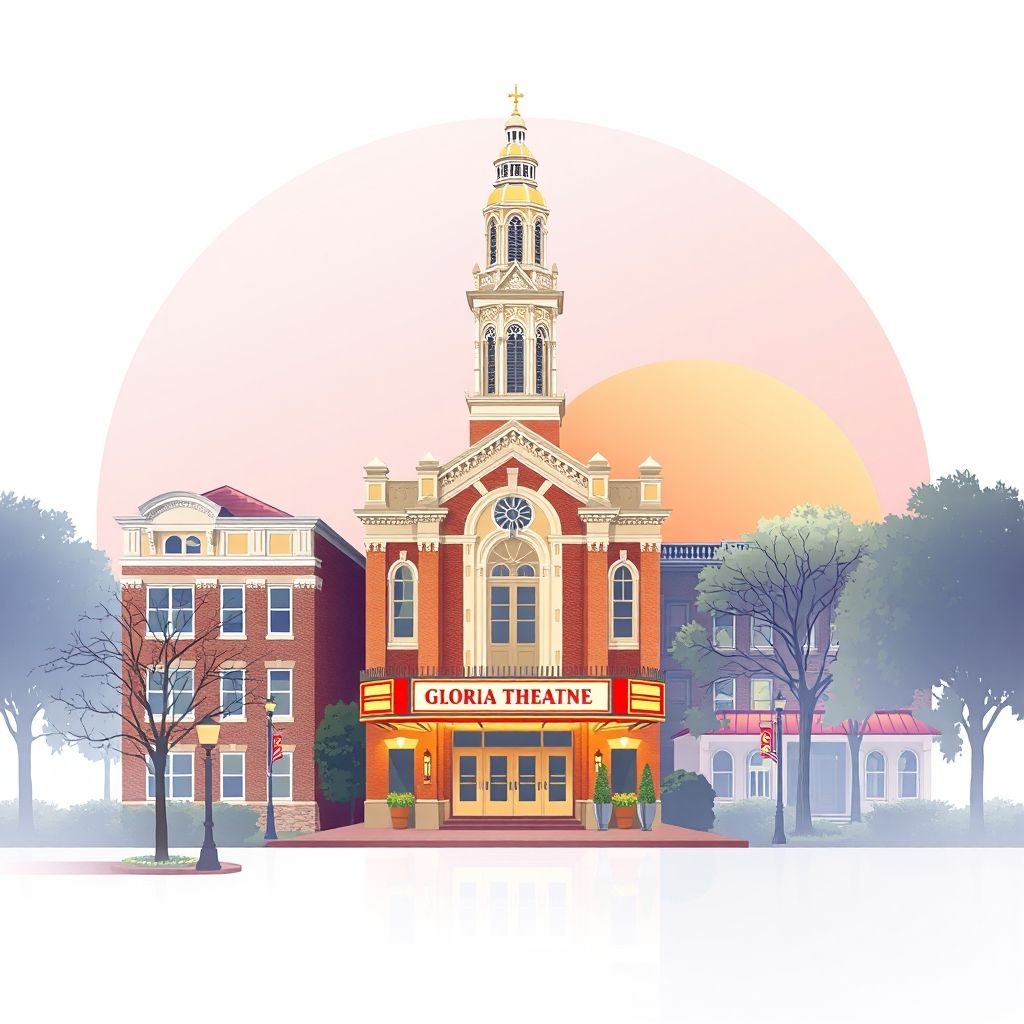 Ultra-high-definition gradient illustration of Urbana, Ohio, featuring the Champaign County Courthouse, Gloria Theatre, and sweet corn.