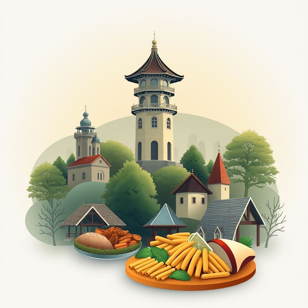 Ultra-high-definition gradient illustration of Berks County, Pennsylvania, featuring the Pagoda, French Creek State Park, and Pennsylvania Dutch cuisine.