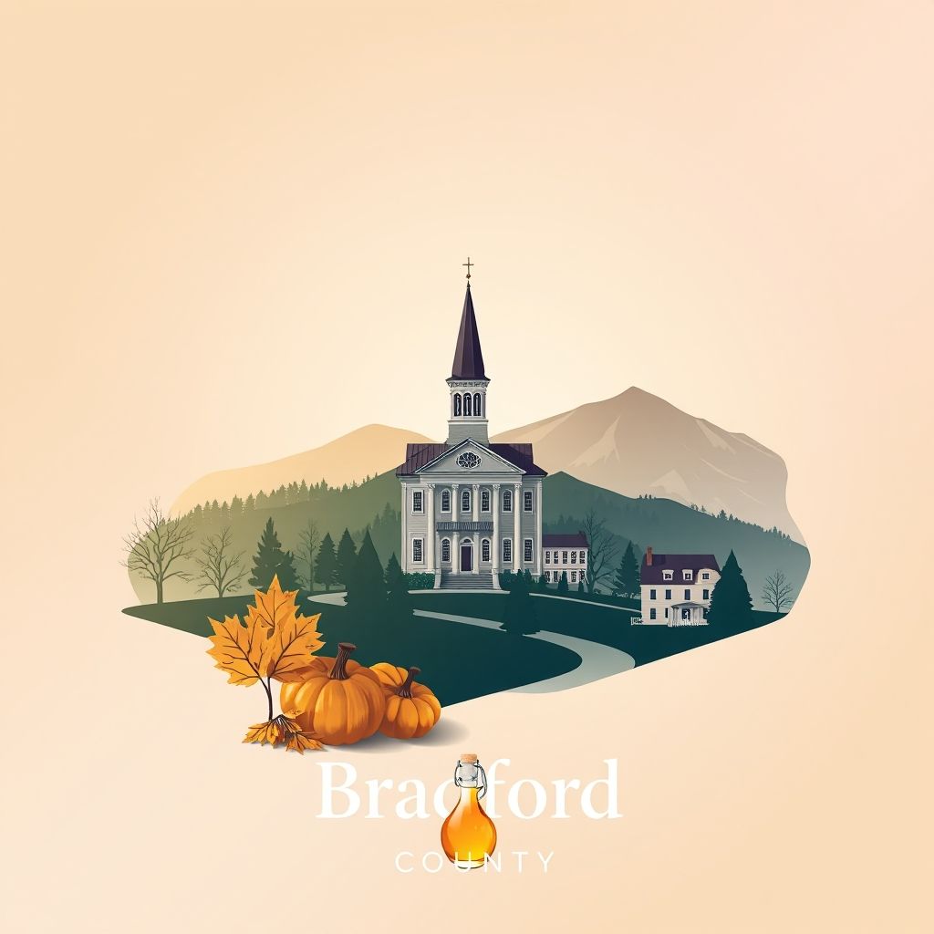 Ultra-high-definition gradient illustration of Bradford County, Pennsylvania, featuring the Bradford County Courthouse, Endless Mountains, and maple syrup.