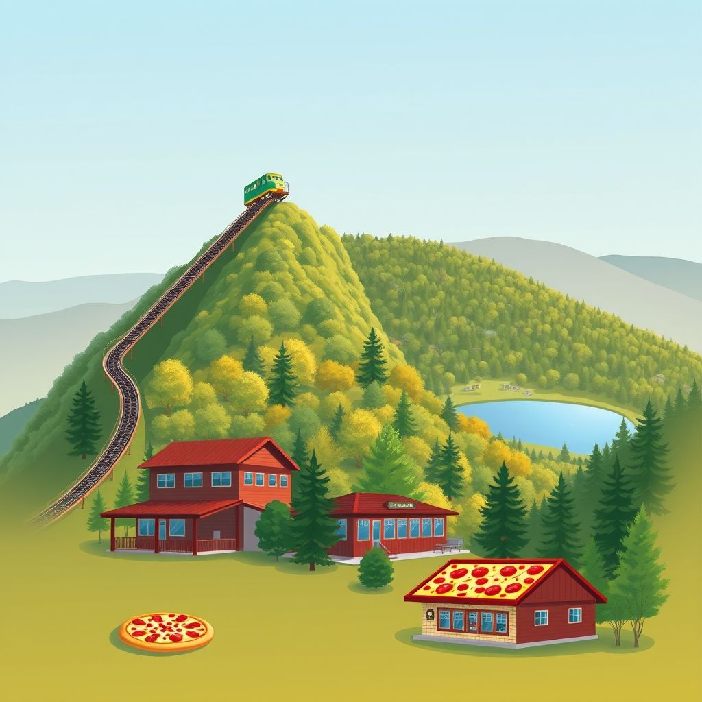 Ultra-high-definition gradient illustration of Cambria County, Pennsylvania, featuring the Johnstown Inclined Plane, Prince Gallitzin State Park, and Tommy's pizza.