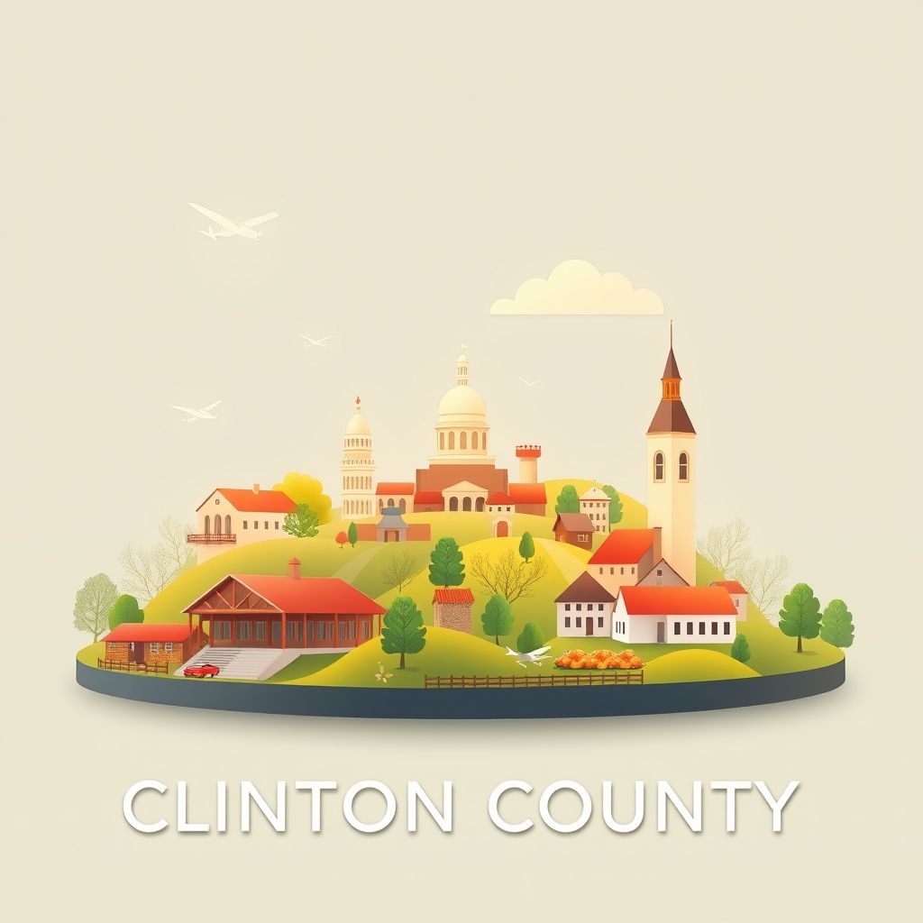 Ultra-high-definition gradient illustration of Clinton County, featuring the Piper Aviation Museum, Hyner View State Park, and apple dumplings.