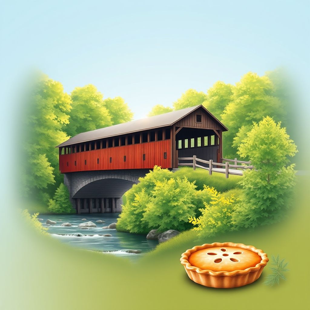 Ultra-high-definition gradient illustration of Township of Cogan House, featuring the Cogan House Covered Bridge, Lycoming Creek, and shoofly pie.