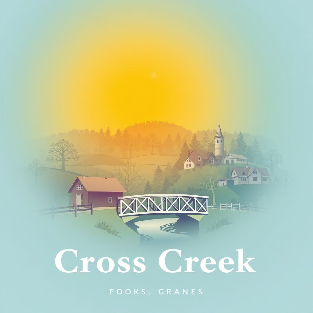 Ultra-high-definition gradient illustration of Township of Cross Creek, featuring the historic Cross Creek Bridge, rural landscapes, and Pennsylvania Dutch cuisine.