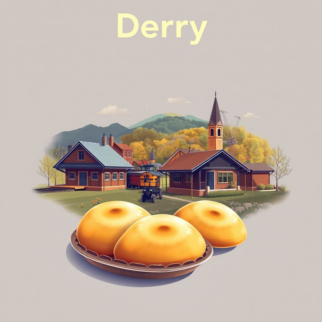 Ultra-high-definition gradient illustration of Derry, Pennsylvania, featuring the historic Derry Station, Roaring Run Natural Area, and pierogies.