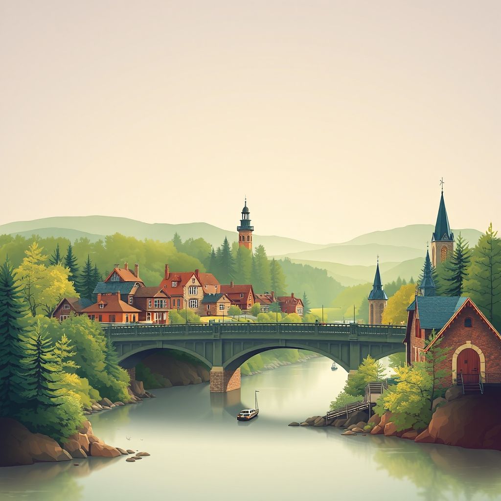Ultra-high-definition gradient illustration of Duboistown, featuring the historic Duboistown Bridge, Susquehanna River, lumber industry, local wildlife, and Pennsylvania Dutch cuisine.