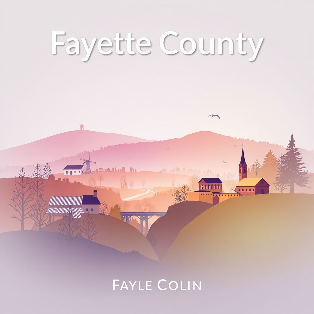 Ultra-high-definition gradient illustration of Fayette County, Pennsylvania, featuring Ohiopyle State Park, Fort Necessity National Battlefield, and pierogies.