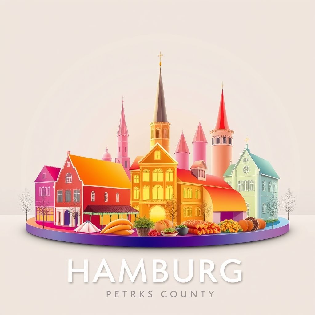 Ultra-high-definition gradient illustration of Hamburg, Pennsylvania, featuring the Hamburg Historic District, the Reading Railroad Heritage Museum, and Pennsylvania Dutch cuisine.
