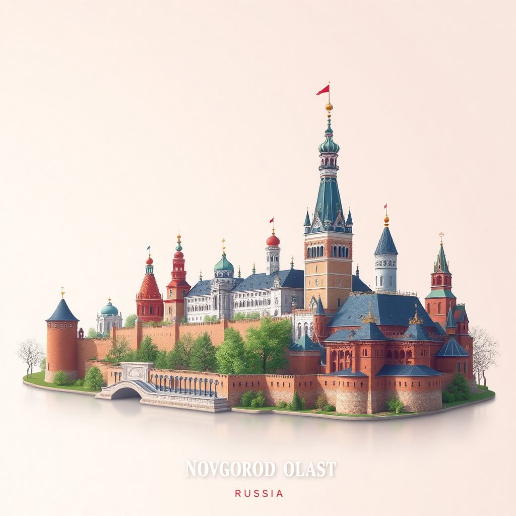 Ultra-high-definition gradient illustration style Novgorod Oblast illustration, showing the unique charm of the Novgorod Kremlin, the Millennium of Russia monument.