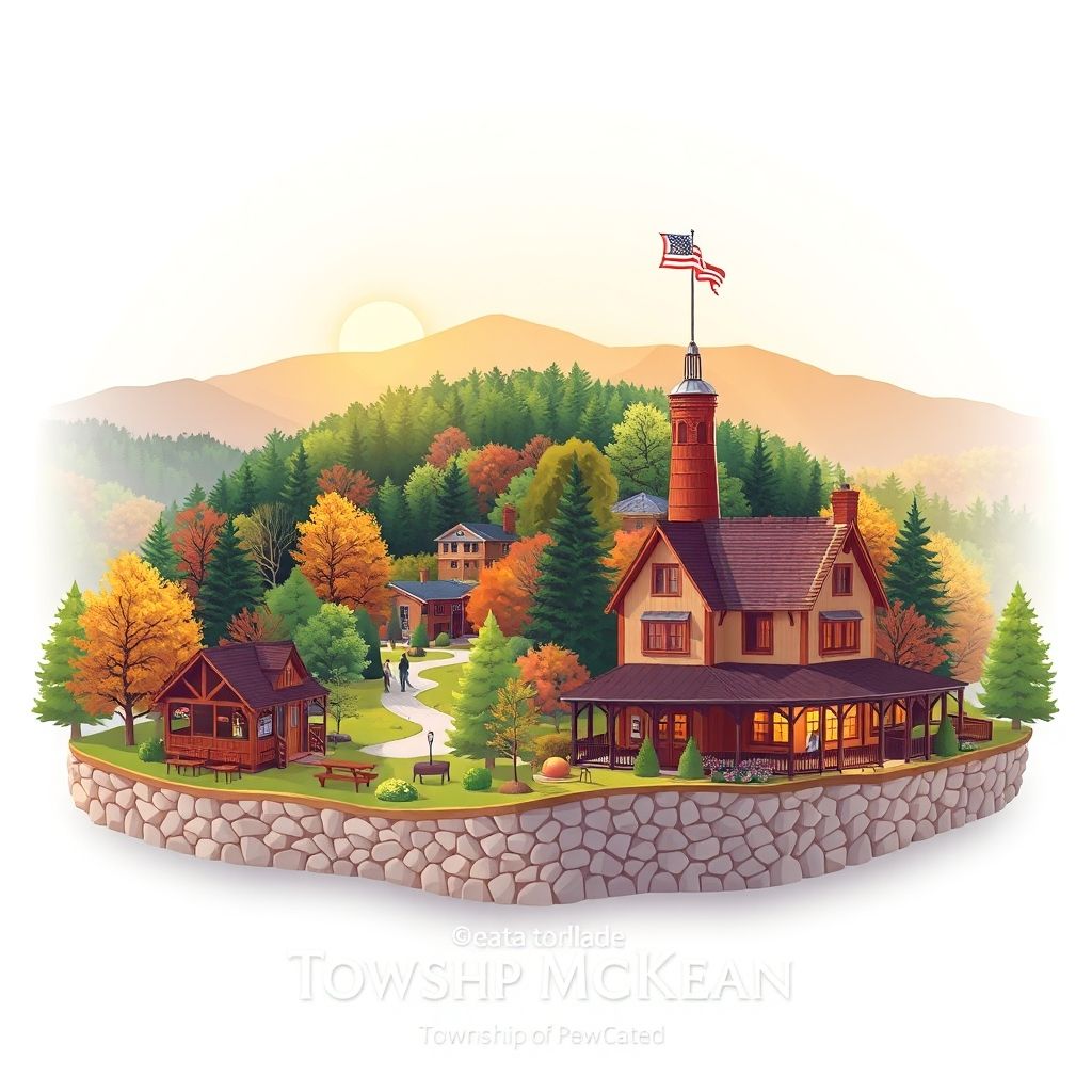 Ultra-high-definition gradient illustration of Township of McKean, featuring McKean Township Park, historic McKean Tavern, lush forests, rolling hills, and Pennsylvania Dutch cuisine.