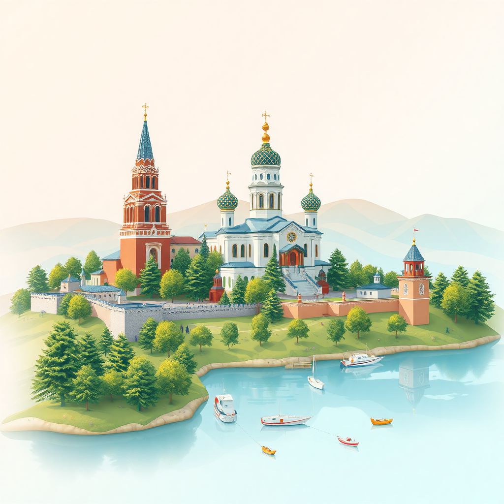 Ultra-high-definition gradient illustration of Bogorodskiy Gorodskoy Okrug, featuring the Church of the Intercession of the Holy Virgin and Losiny Ostrov National Park.