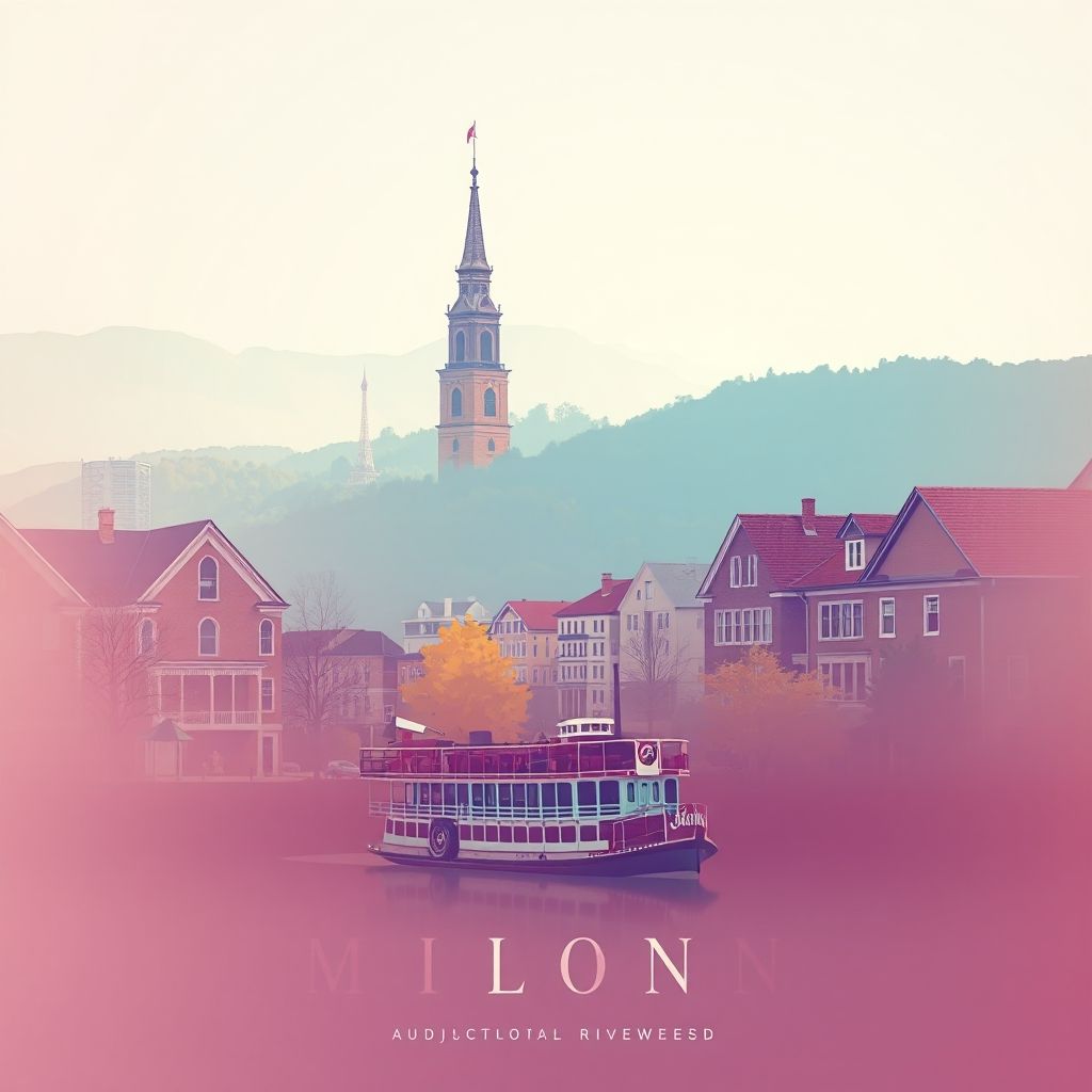 Ultra-high-definition gradient illustration of Milton, Pennsylvania, featuring the Milton Historic District, the Hiawatha Paddlewheel Riverboat, and Pennsylvania Dutch cuisine.