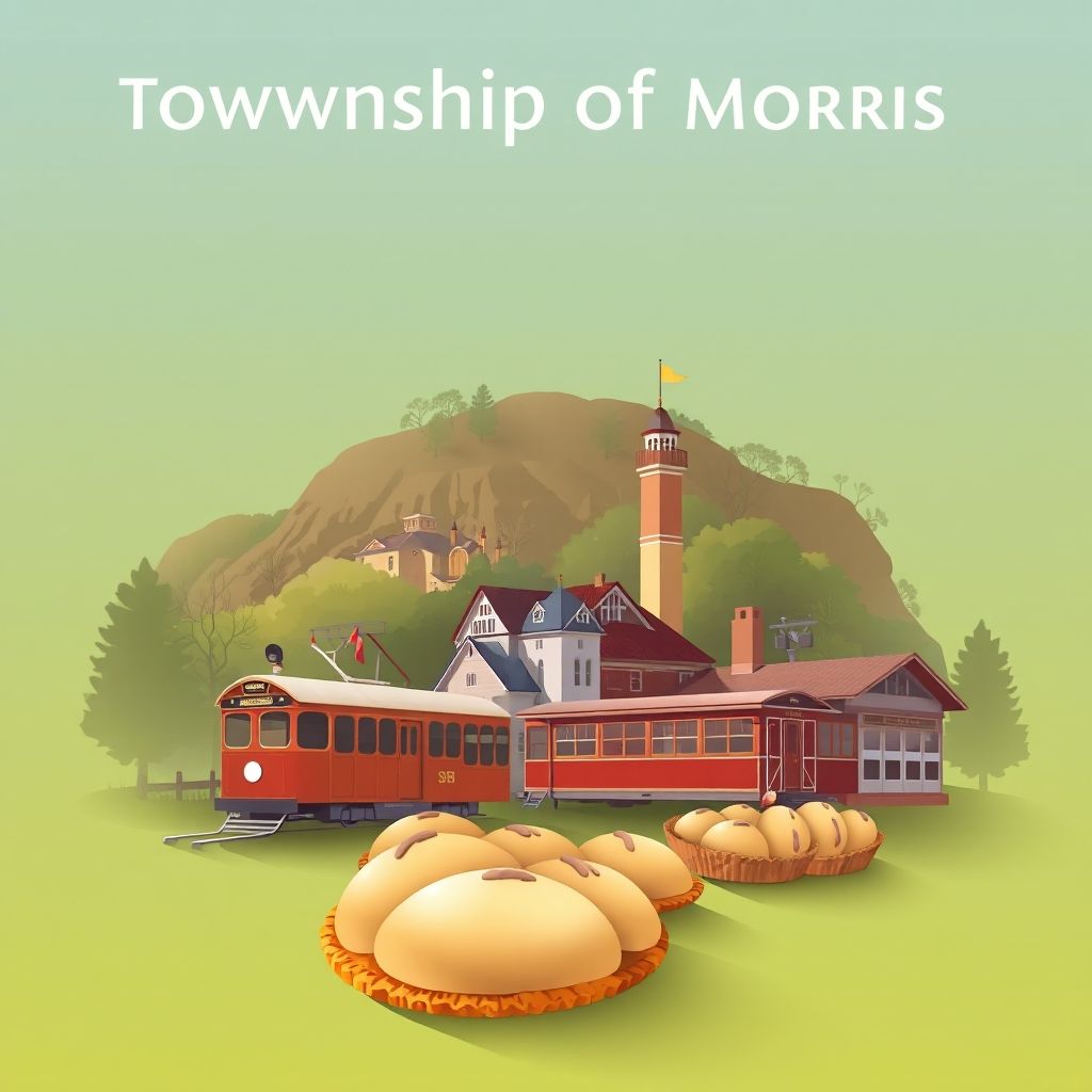 Ultra-high-definition gradient illustration of Township of Morris, featuring Meadowcroft Rockshelter, Pennsylvania Trolley Museum, and pierogies.