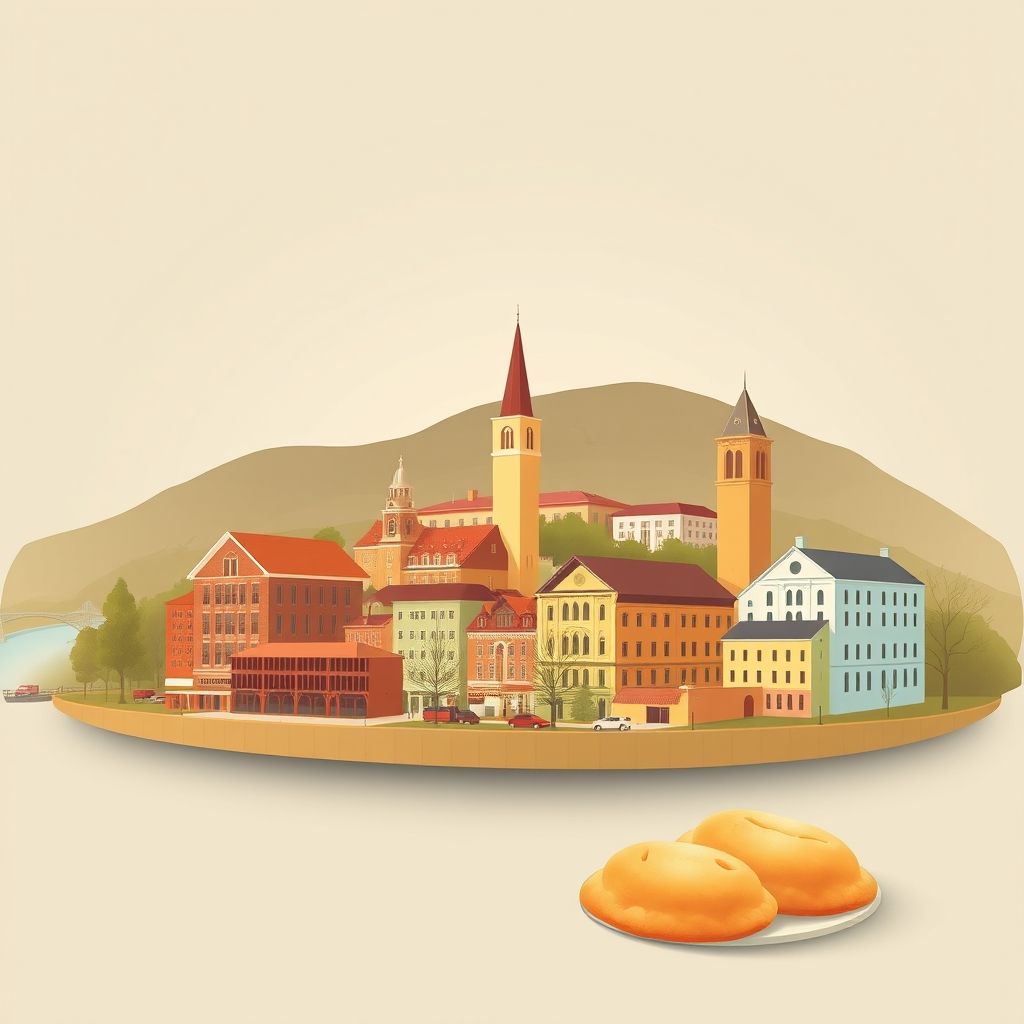 Ultra-high-definition gradient illustration of North Charleroi, featuring the Monongahela River, historic buildings, and local pierogies.