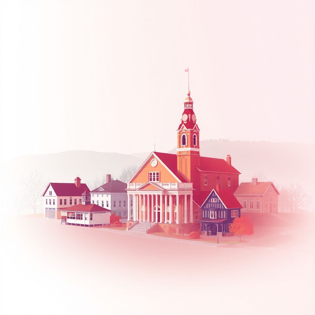 Ultra-high-definition gradient illustration of Township of Palmyra, featuring the Pike County Courthouse, Delaware River, colonial architecture, and Pennsylvania Dutch cuisine.
