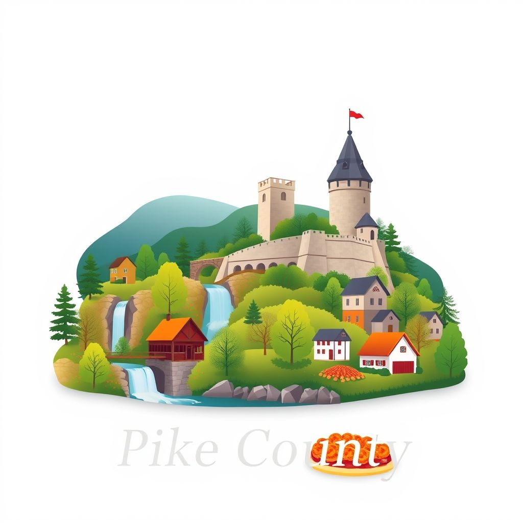 Ultra-high-definition gradient illustration style Pike County, Pennsylvania illustration, showing the unique charm of Bushkill Falls, the Grey Towers National Historic Site, the scenic Delaware River, and Pennsylvania Dutch cuisine.