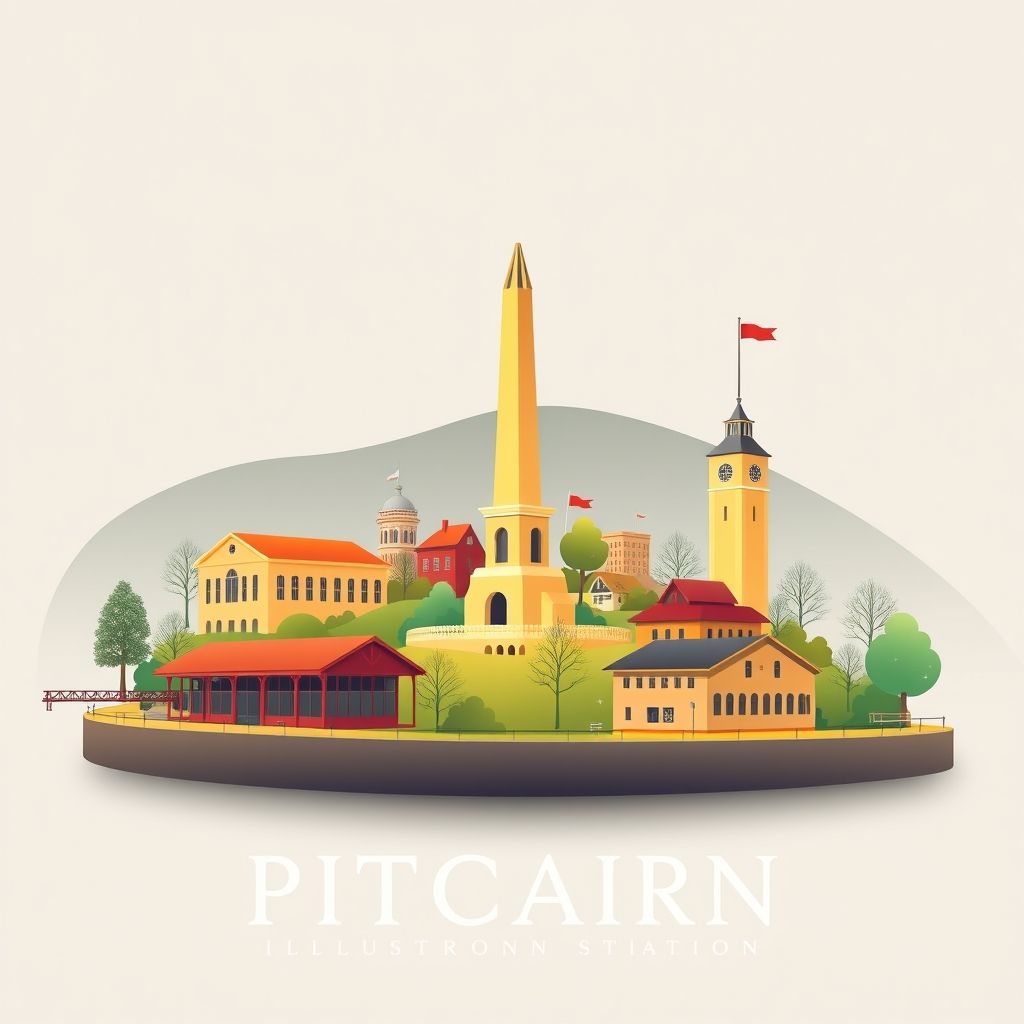 Ultra-high-definition gradient illustration of Pitcairn, featuring the Pitcairn Monument, Allegheny River, Pitcairn Railroad Station, and pierogies.