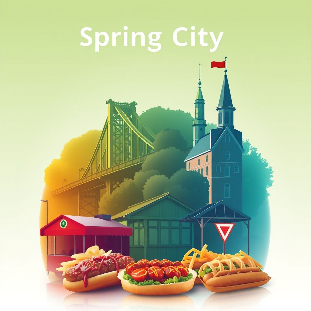 Ultra-high-definition gradient illustration of Borough of Spring City, featuring the Spring City Bridge, historic Spring City Train Station, and Philly cheesesteaks.