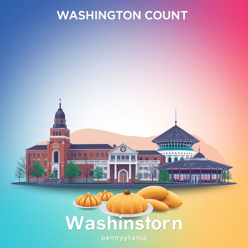 Ultra-high-definition gradient illustration of Washington County, Pennsylvania, featuring the Washington County Courthouse, the Meadows Racetrack and Casino, and pierogies.
