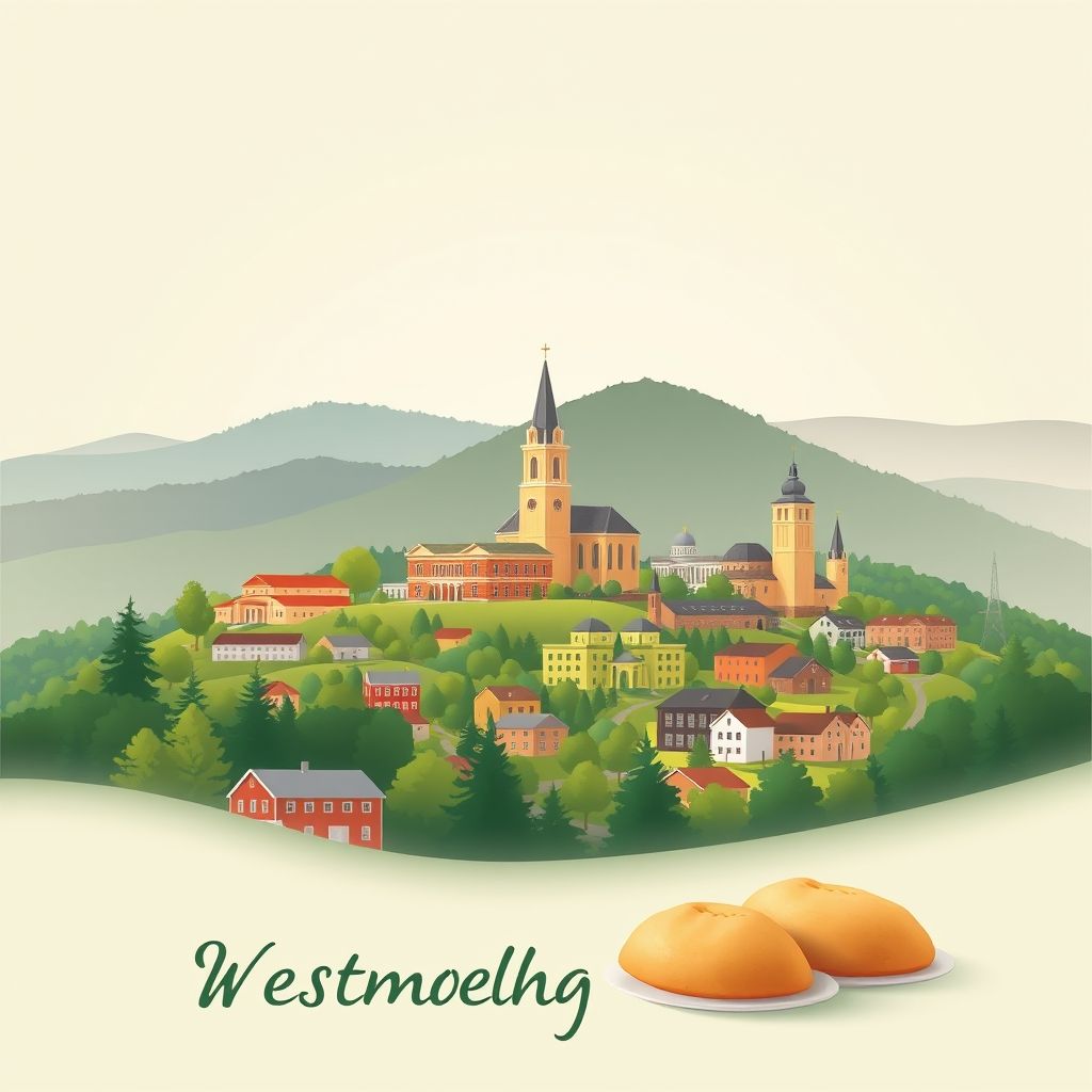 Ultra-high-definition gradient illustration of Westmoreland County, Pennsylvania, featuring Saint Vincent Basilica, Hanna's Town, rolling hills, lush forests, and pierogies.