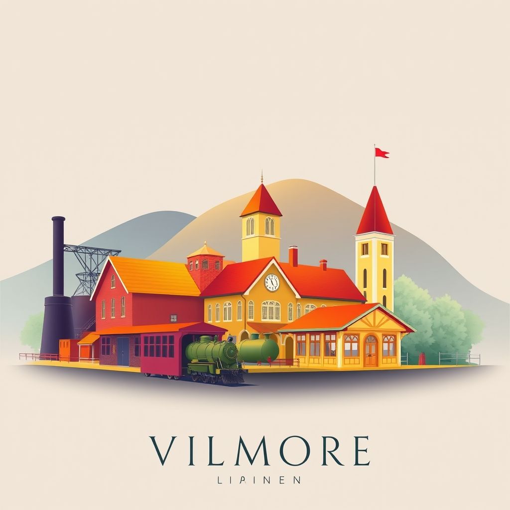 Ultra-high-definition gradient illustration of Wilmore, featuring the Wilmore Coal Mines, the historic Wilmore Train Station, and Pennsylvania Dutch cuisine.