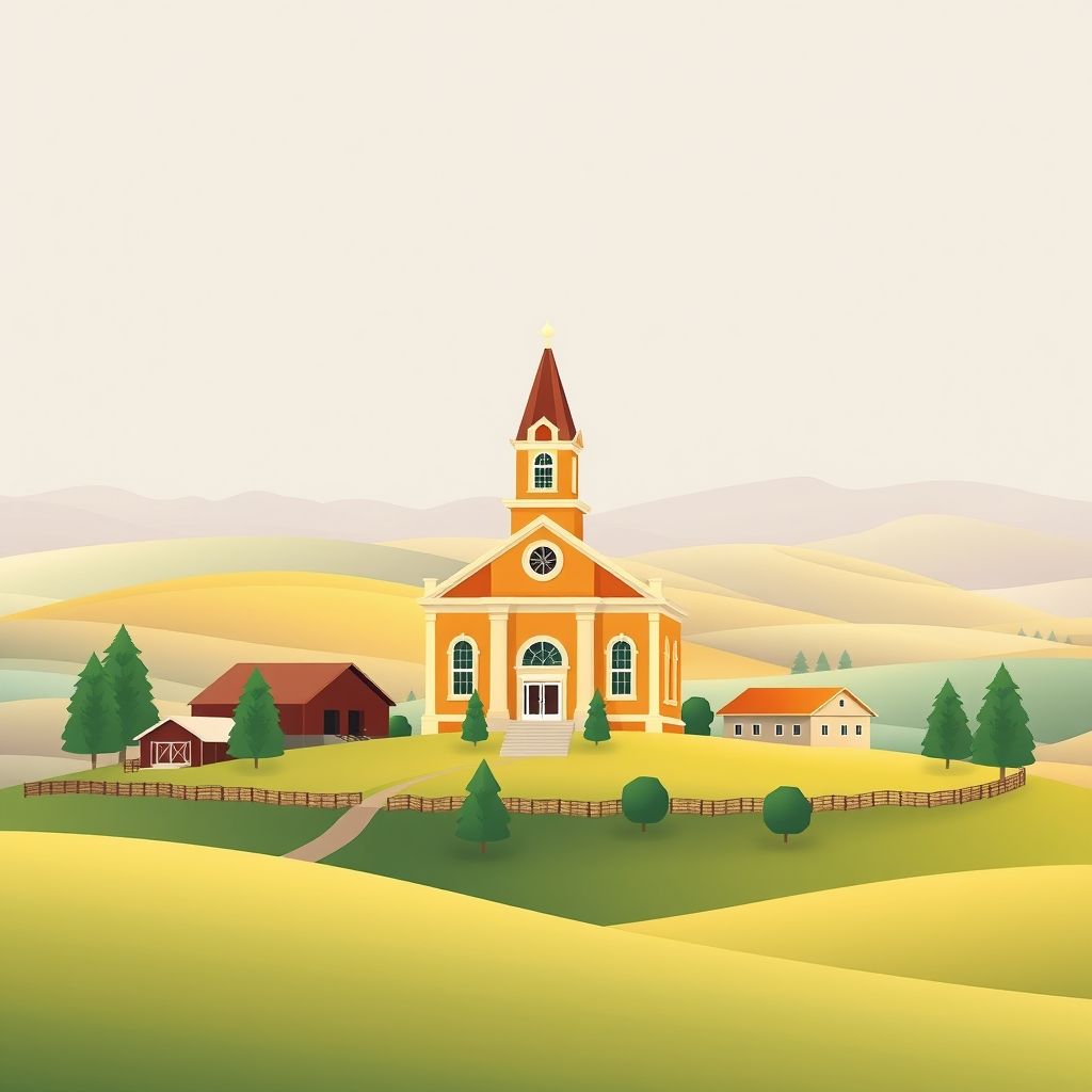 Ultra-high-definition gradient illustration of Ortley, featuring the Ortley Town Hall, rolling hills, and chislic, highlighting the town's unique charm.
