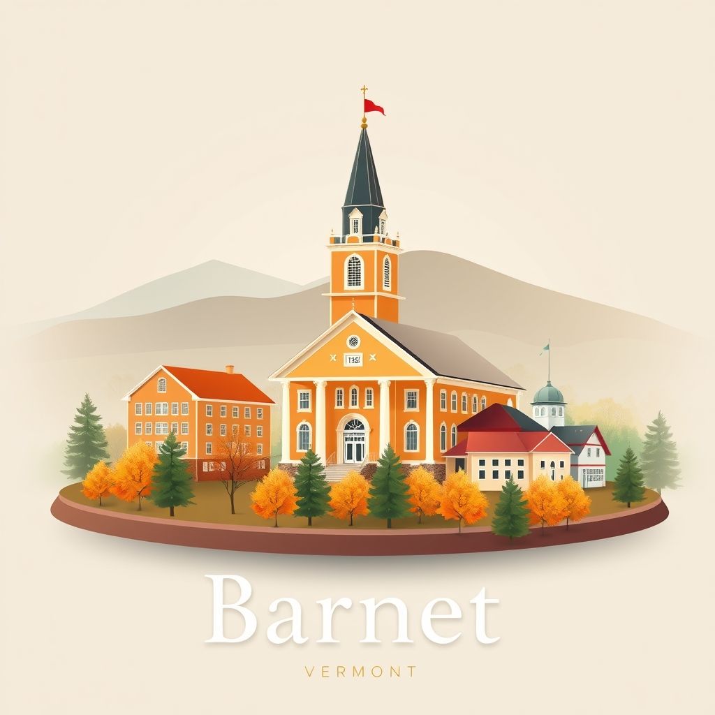 Ultra-high-definition gradient illustration of Barnet, Vermont, featuring the Barnet Town Hall, Connecticut River, and maple syrup.