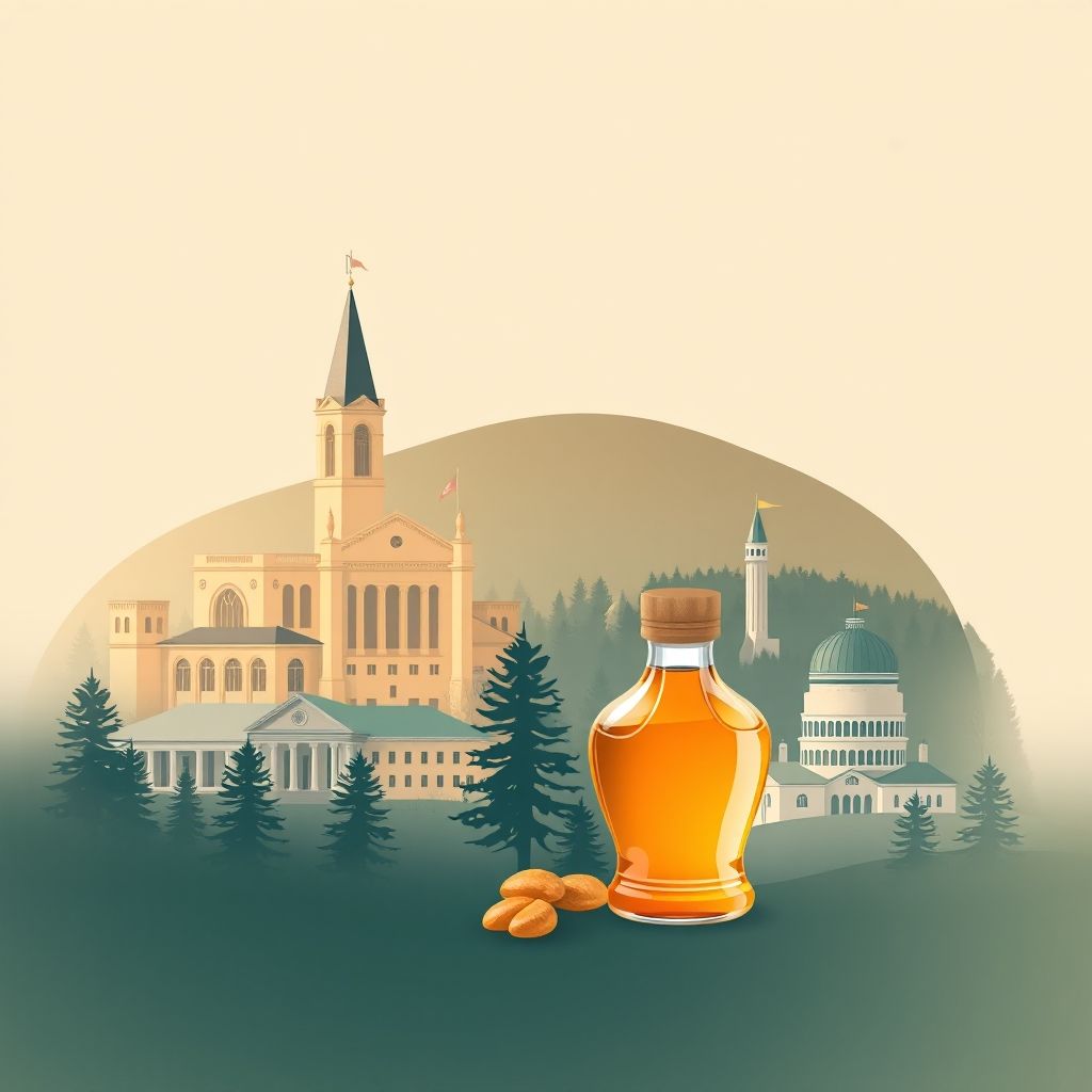 Gradient illustration of Caledonia County, Vermont, featuring the St. Johnsbury Athenaeum, Fairbanks Museum, Willoughby State Forest, and maple syrup.