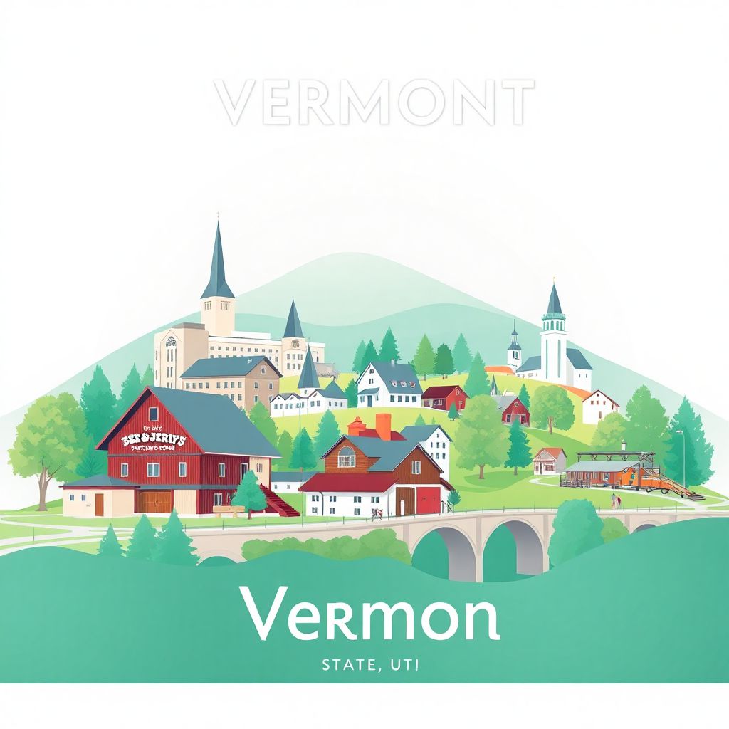 Ultra-high-definition gradient illustration style Vermont illustration, showing the unique charm of the Ben & Jerry's Factory, the Shelburne Museum, and covered bridges.