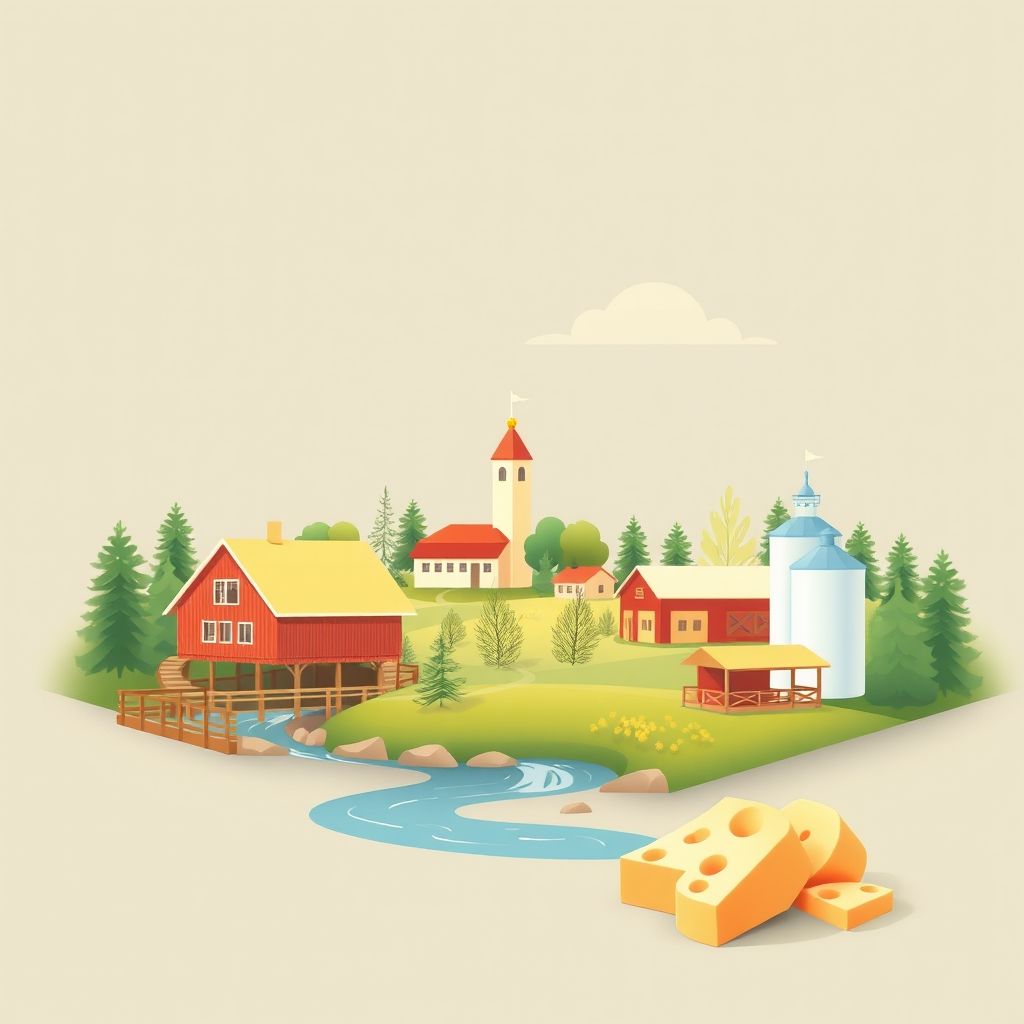 Ultra-high-definition gradient illustration of Village of Boaz, featuring Pine River Dairy, Pine River, and cheese curds.