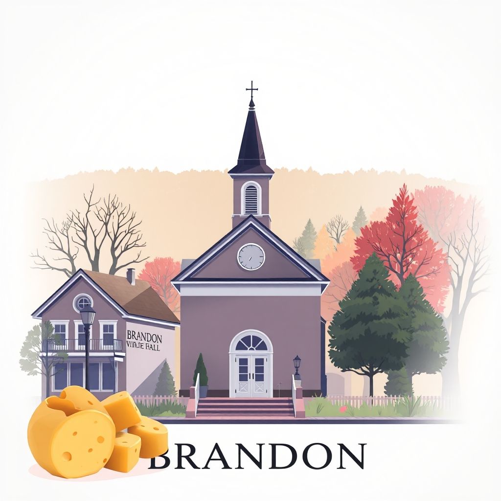 Gradient illustration of the Village of Brandon, featuring the Brandon Village Hall, Kettle Moraine State Forest, and cheese curds.