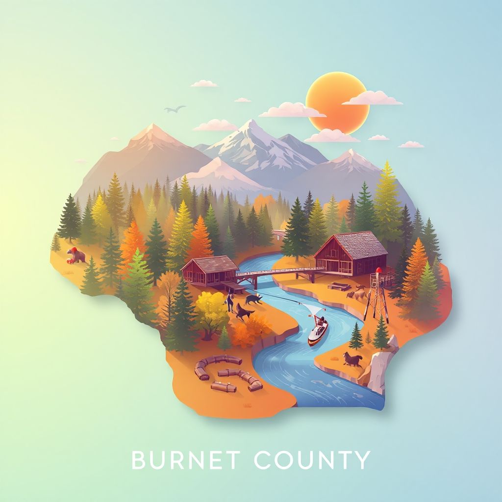 Ultra-high-definition gradient illustration of Burnett County, Wisconsin, featuring the St. Croix National Scenic Riverway, Namekagon River, logging industry, and Forts Folle Avoine Historical Park.