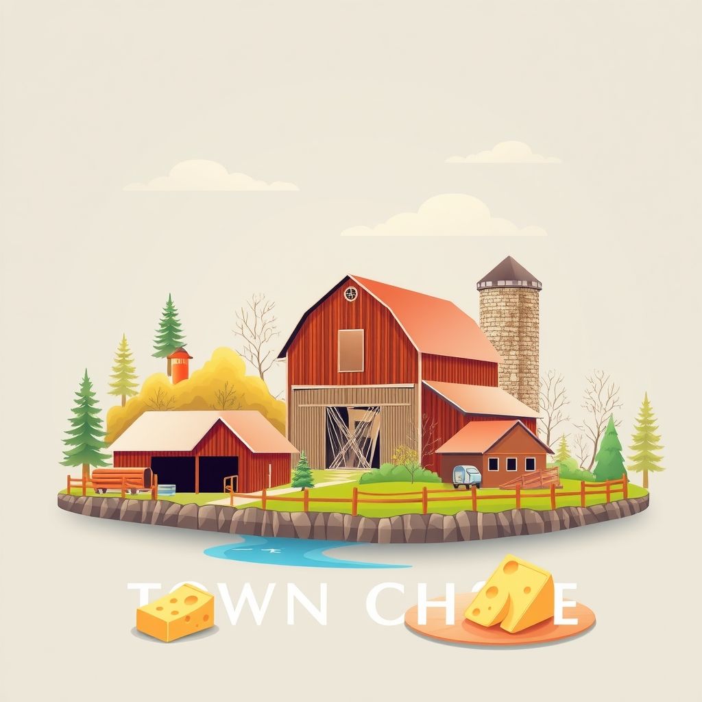 Ultra-high-definition gradient illustration of Town of Chase, featuring the historic Chase Stone Barn, Oconto River, logging industry, rural landscape, and Wisconsin cheese.