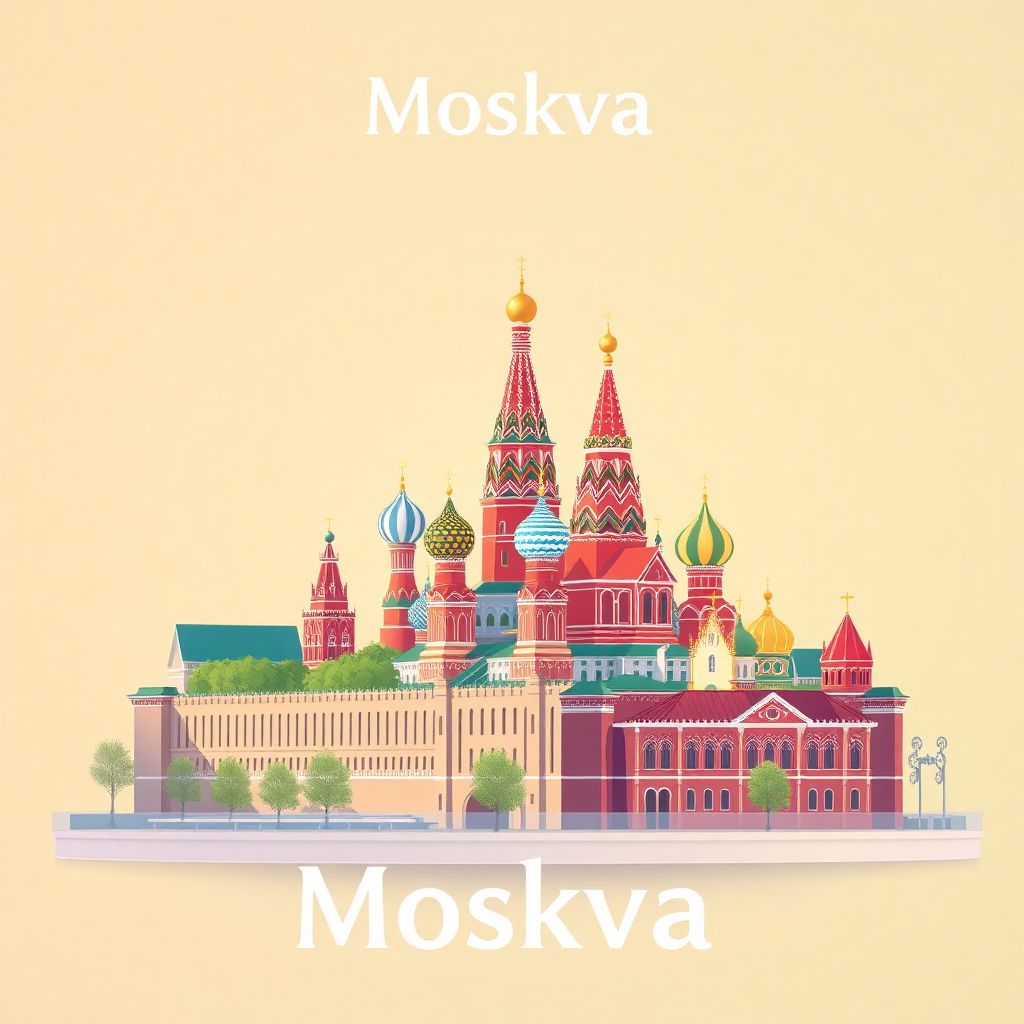 Ultra-high-definition gradient illustration style Moskva illustration, showing the unique charm of the Kremlin, Red Square, and St. Basil's Cathedral.