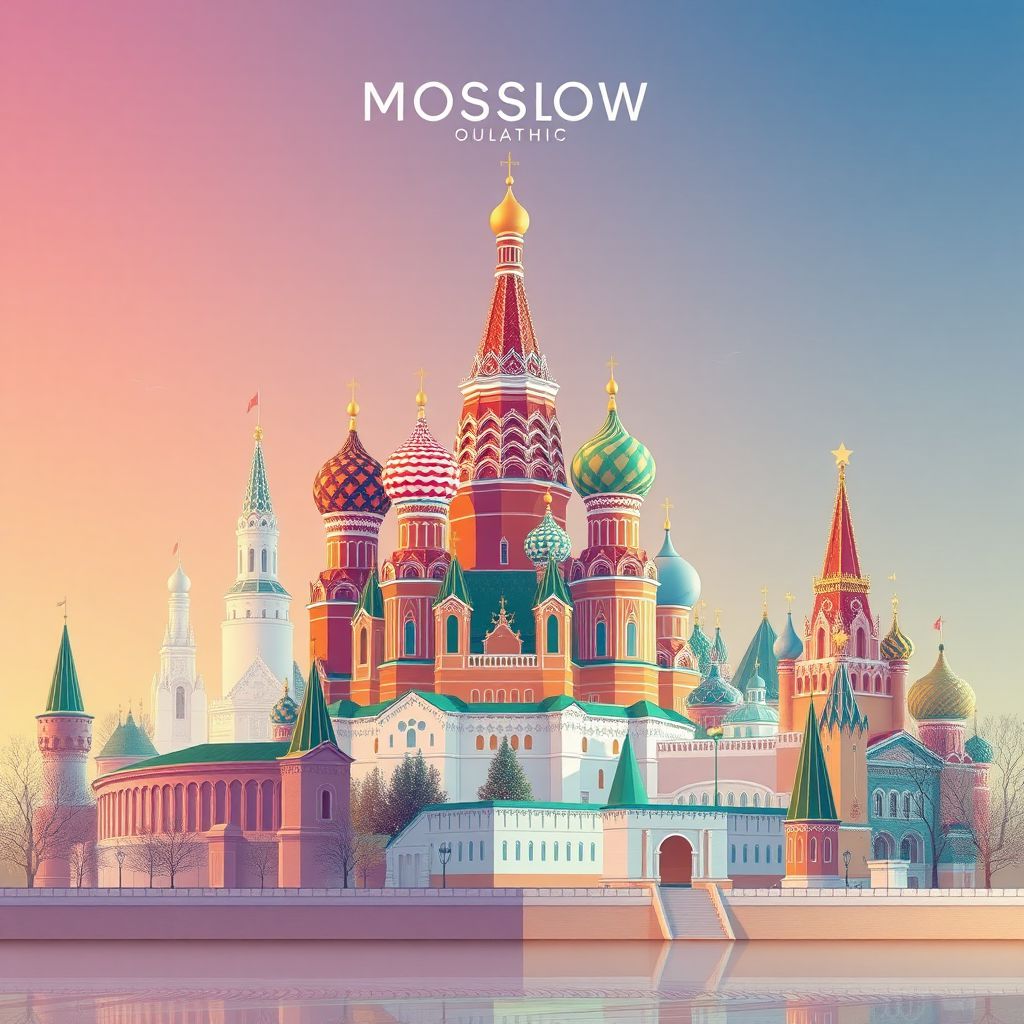 Ultra-high-definition gradient illustration of Moscow Oblast, Russia, featuring the Kremlin, Saint Basil's Cathedral, and the Moscow Metro.