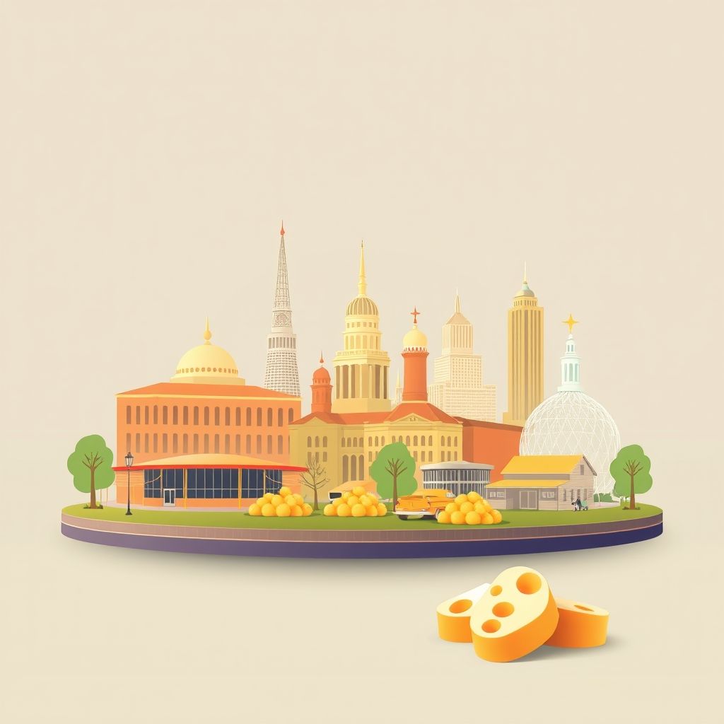 Ultra-high-definition gradient illustration of La Crosse County, Wisconsin, featuring Riverside Park, the Dahl Auto Museum, and cheese curds.