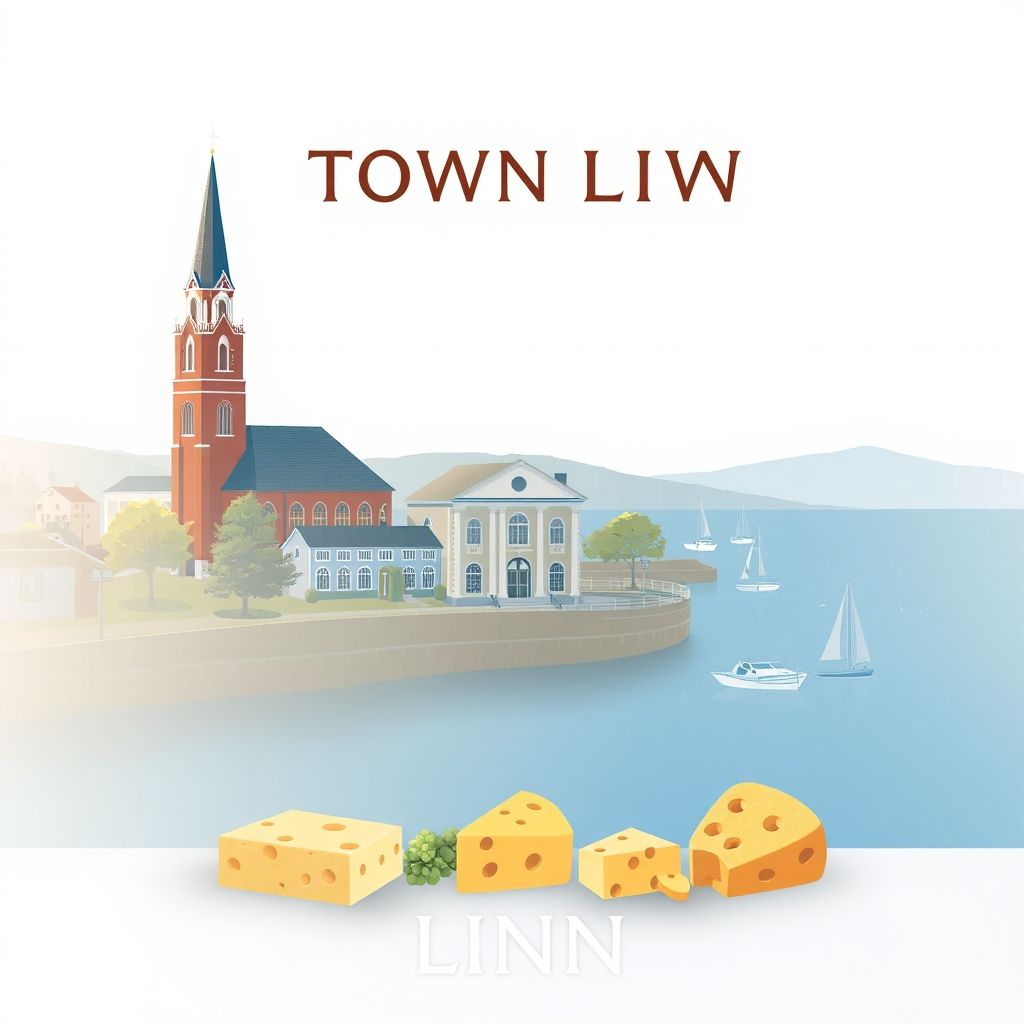 Ultra-high-definition gradient illustration of Town of Linn, featuring Geneva Lake shoreline, Linn Town Hall, and Wisconsin cheese.